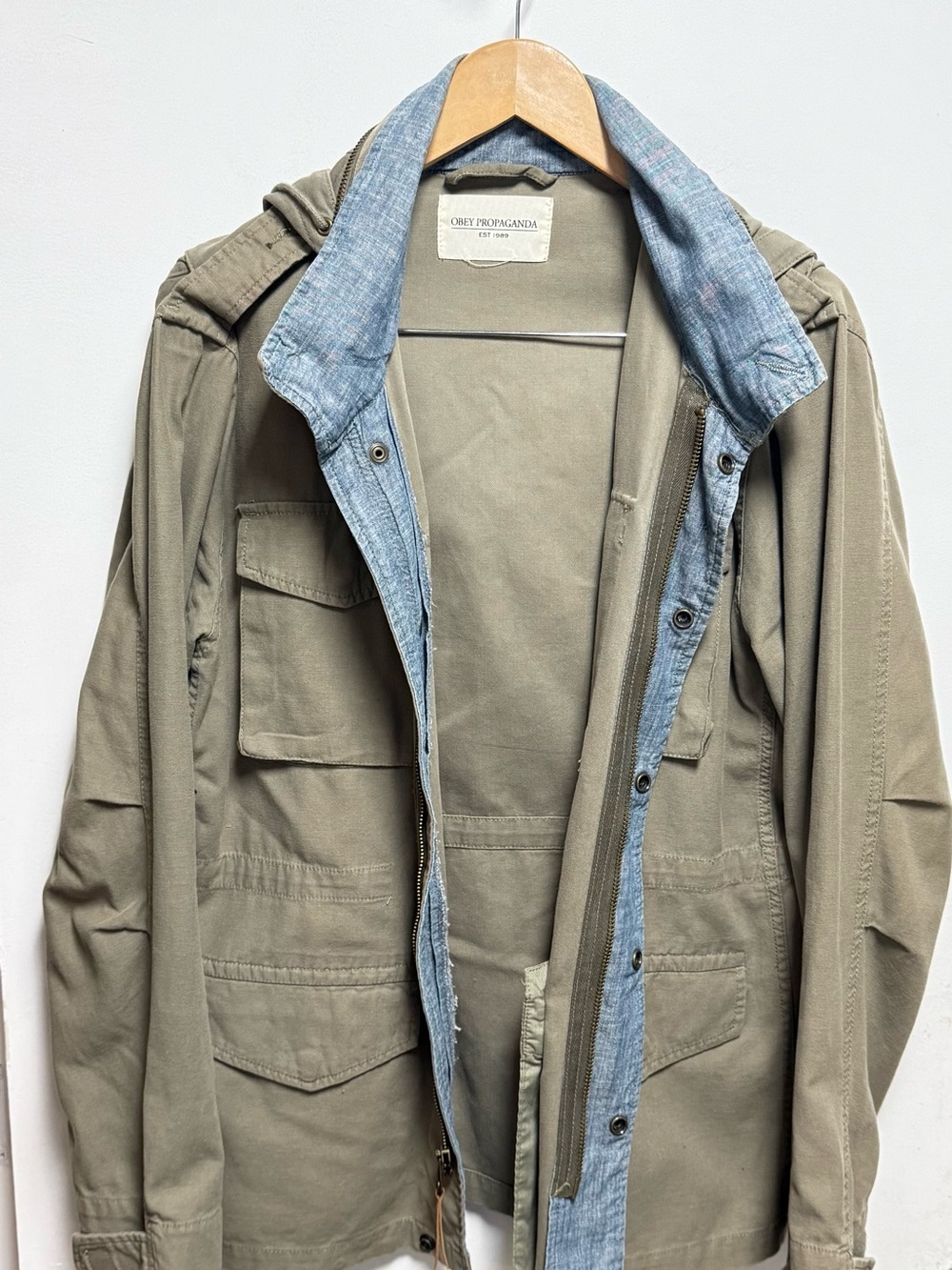 Obey Men's Military Field Jacket in Olive with Light Blue Lining - Picture 3 of 11